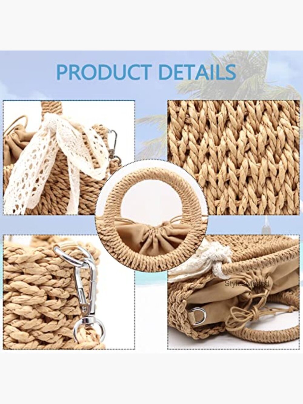 Natural Straw Handwoven Clutch Tote Crossbody Bag Summer Beach Purse - Picture 6 of 7